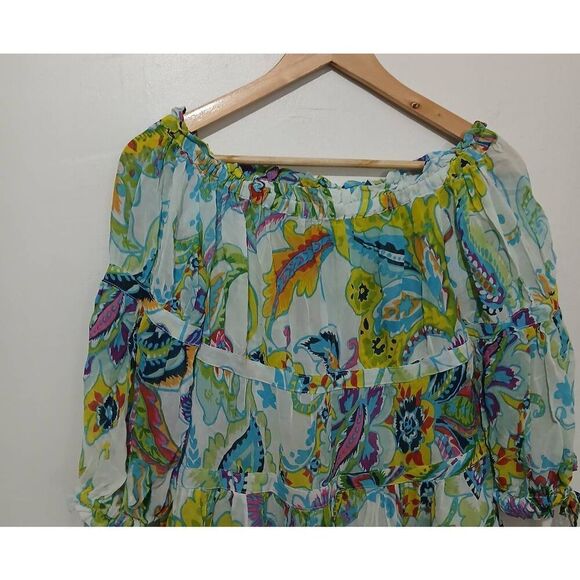 Maeve womens medium off shoulder green paisley 100% viscose silk top sheer - Picture 3 of 8